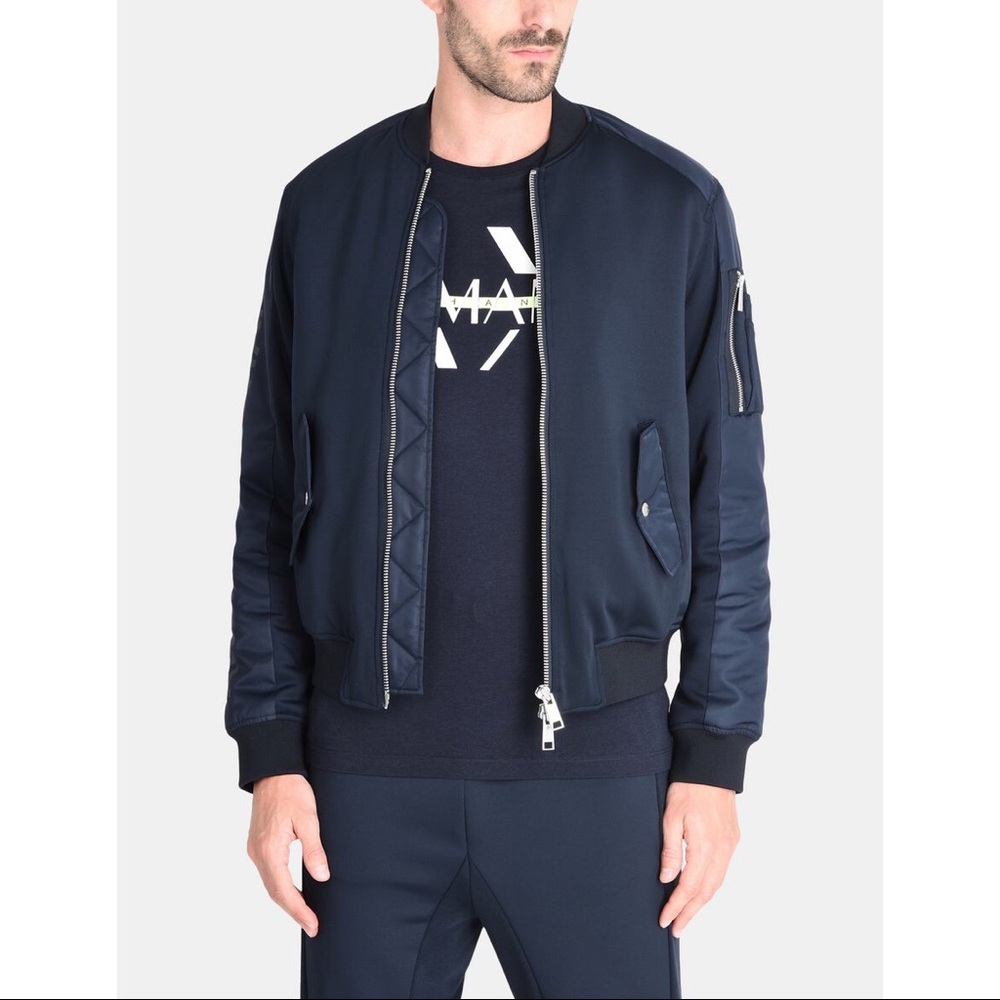 Armani Exchange Men’s Navy Neon Green Lining Neoprene Utility Bomber Jacket